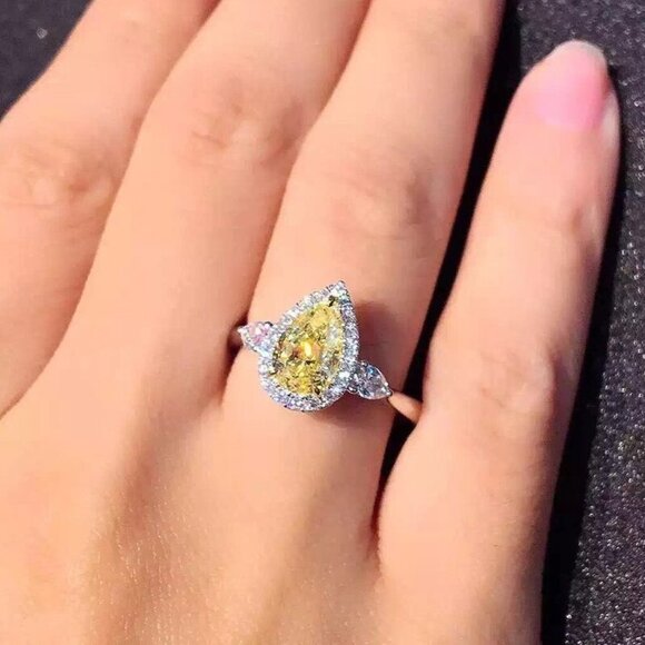 😍925 Silver Yellow Water Drop Romantic Crystal Diamond Ring for Women, K778 - Picture 10 of 10